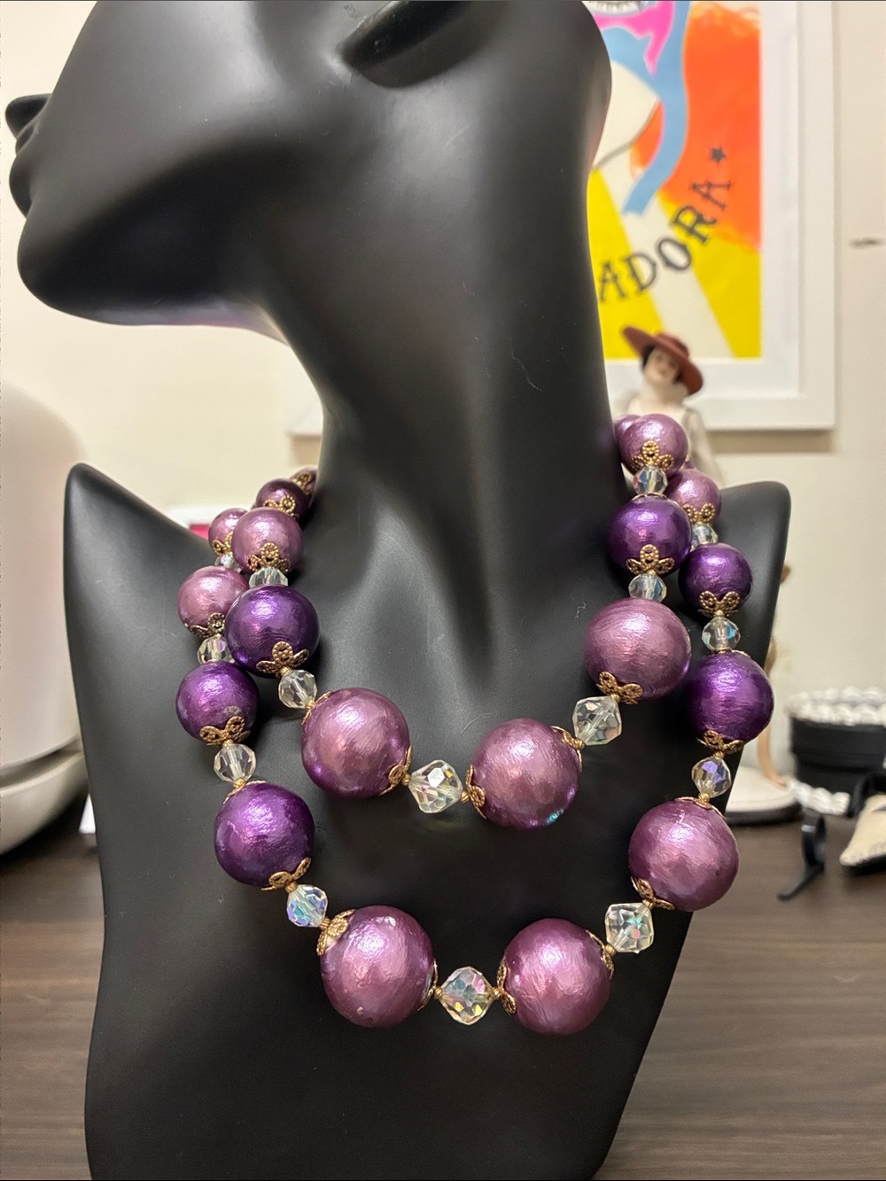 Vintage 1960s Mid-Century Modern Double Strand Purple Bead Necklace